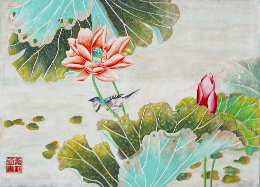 招载钊 荷鸟嬉水.jpg